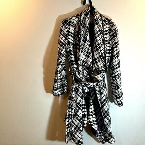 PINK MARTINI Sz L Open Front Houndstooth Belted Trimmed Cascade Lined Jacket